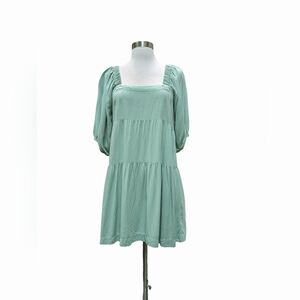 SHINESTAR Dress Babydoll Green Tiered Bell Sleeves Short Flowy Boho Rayon SMALL